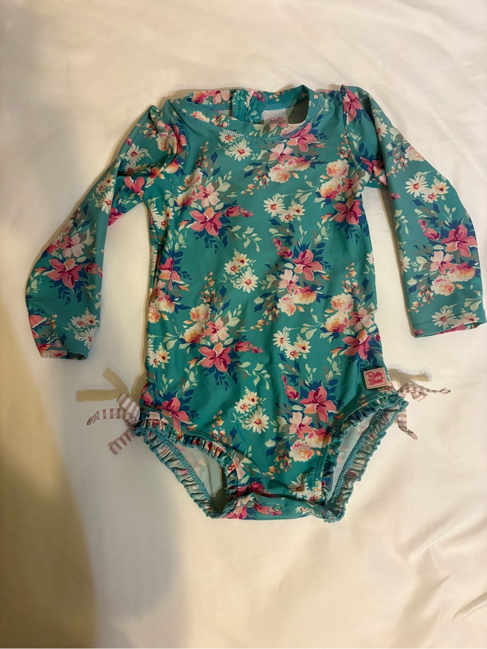 Ruffle Butts Teal Floral Long Sleeve One-Piece Swimsuit